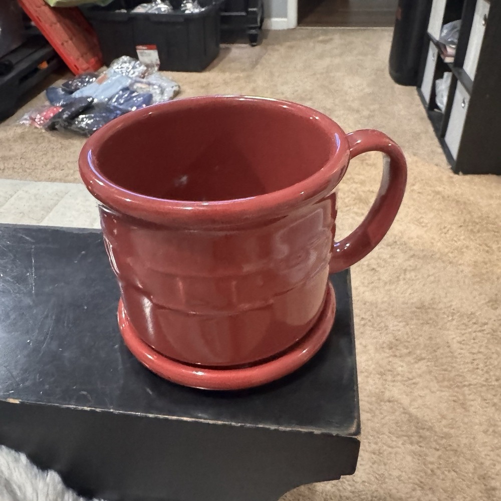 Longaberger Pottery Woven Traditions Souper Mug Cup Saucer Paprika Maroon Soup